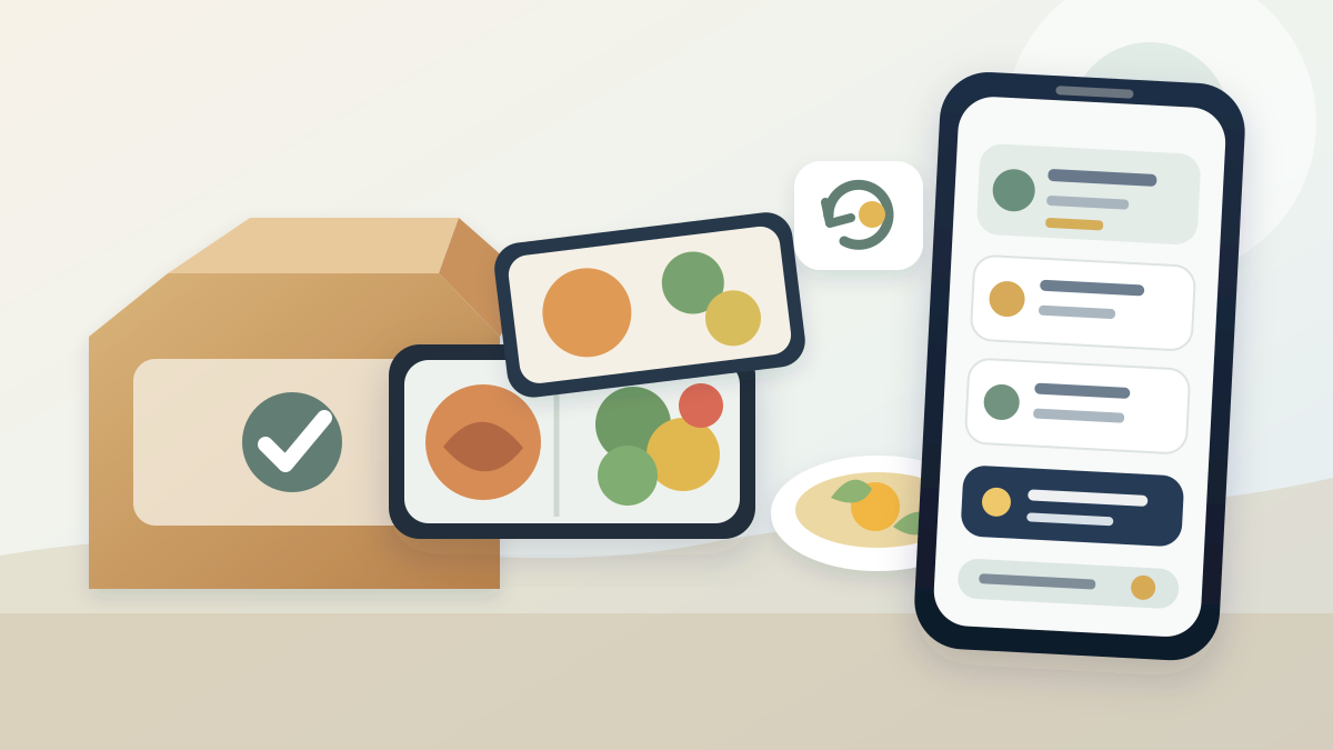 Prepared meal trays, breakfast item and mobile checkout illustrating Factor Meals subscription savings