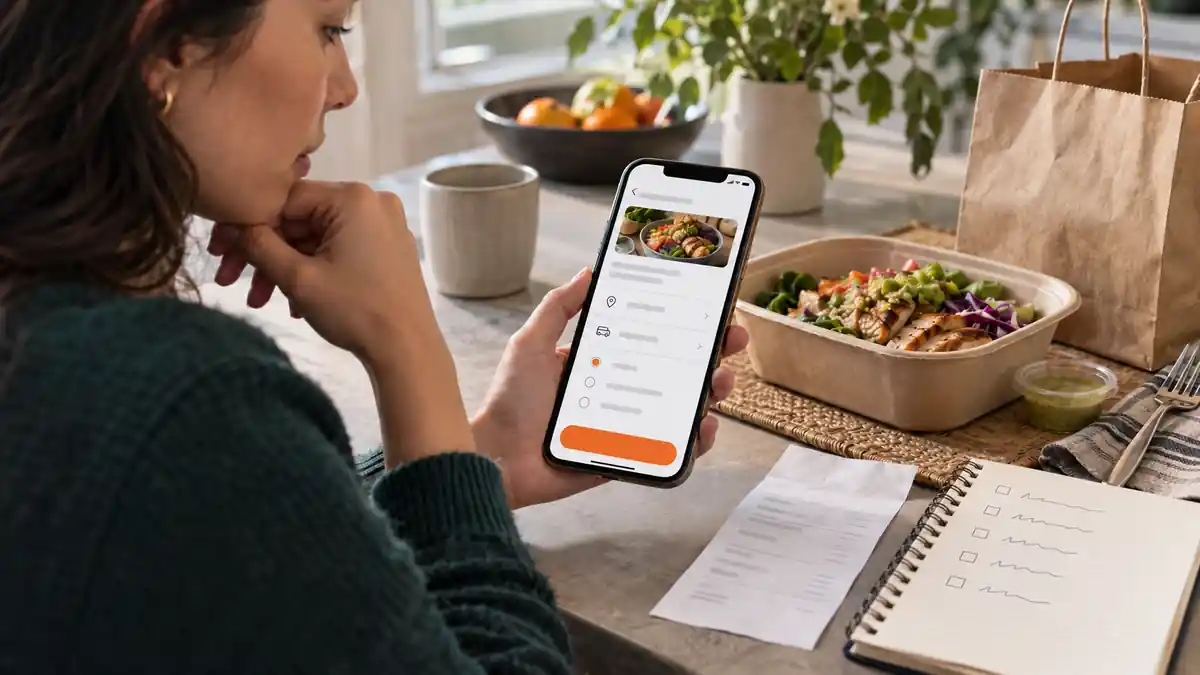 Customer comparing Grubhub promo codes, restaurant offers and delivery savings before checkout